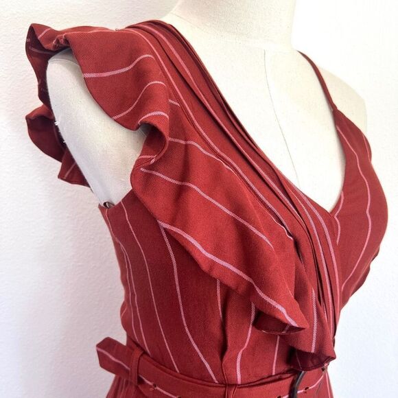 Three Floor Margaux Jumpsuit Rust Striped One-Shoulder Ruffle Belted Size 4 - Picture 7 of 15